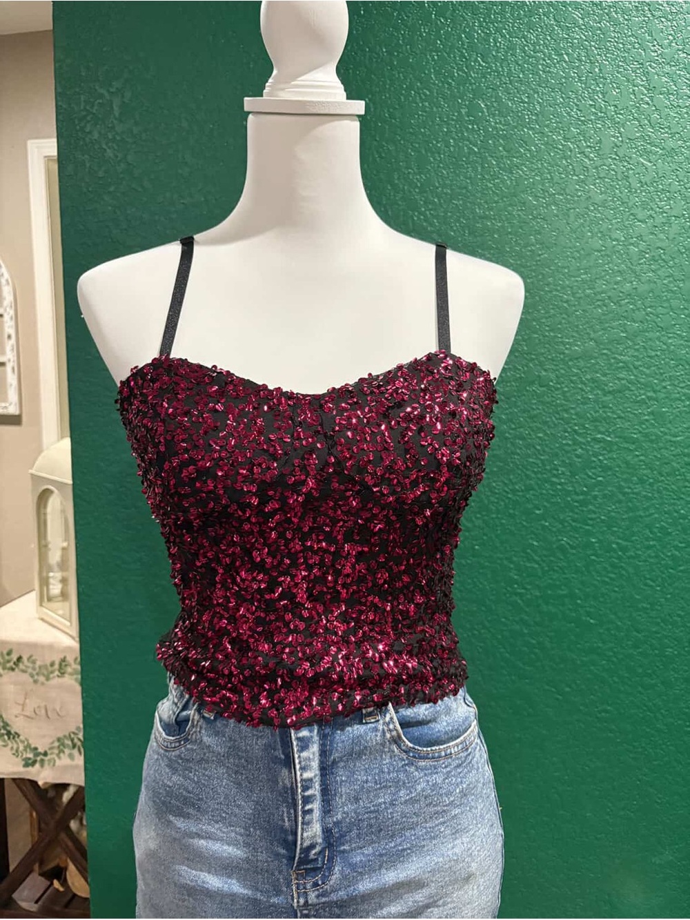 Sequin Embellished Spaghetti Strap Crop Top - Black & Berry